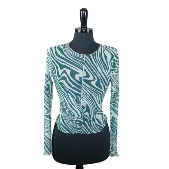 Sheer Transparent Mesh Top Green Swirl Long Sleeve Grunge Y2K Indie - Picture 1 of 2